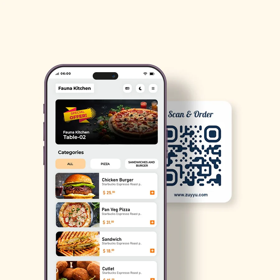 Upsoma Restro QR menu on a phone — guests scan a table QR code to browse the menu and order